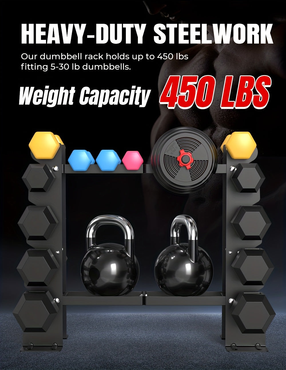 Heavy-duty steel weight rack with dumbbells and kettlebells on a dark background