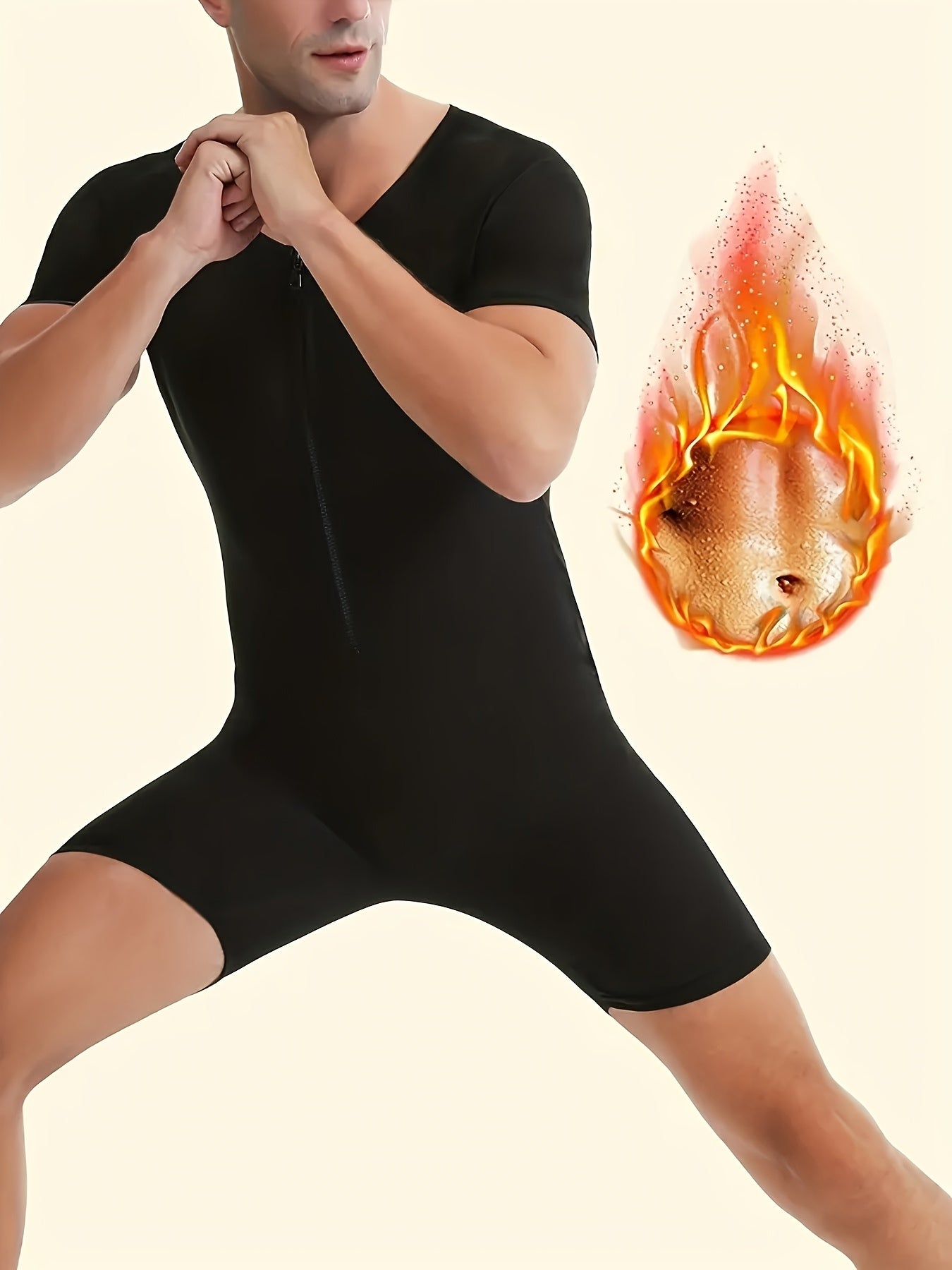 Person wearing a black bodysuit with a fiery graphic on a beige background