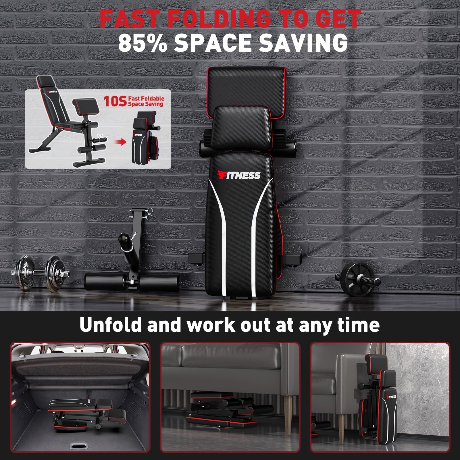 Fitness bench with space-saving feature on a gray brick wall background