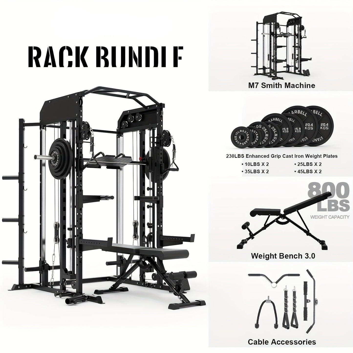 Gym equipment set including a power rack, Smith machine, weight plates, bench, and cable accessories on a white background.