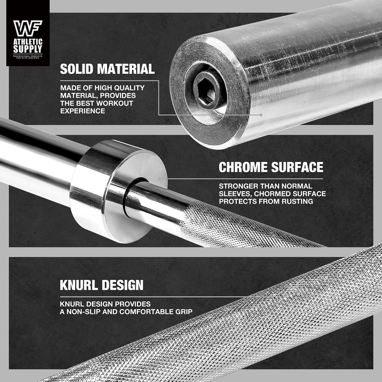 Chrome barbell bar features on a black background