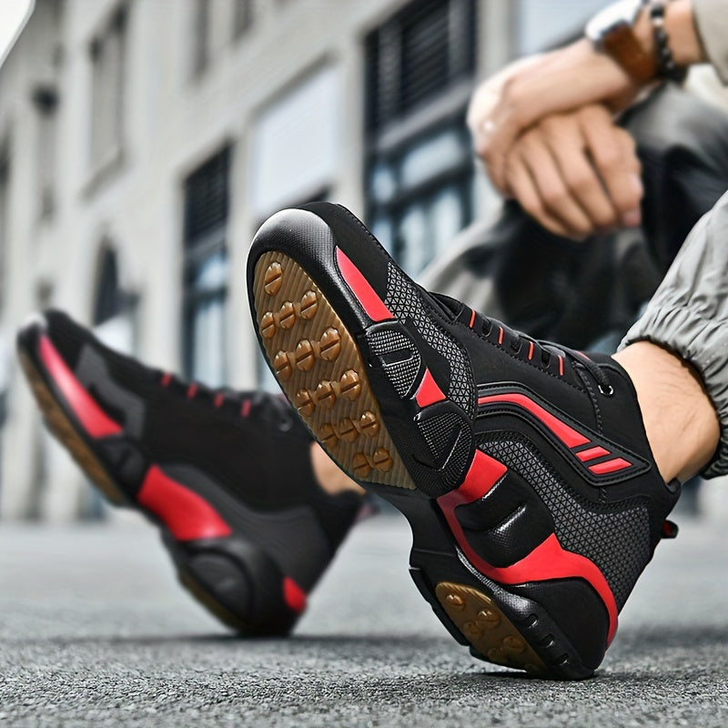 Black and red athletic shoes on a blurred street background