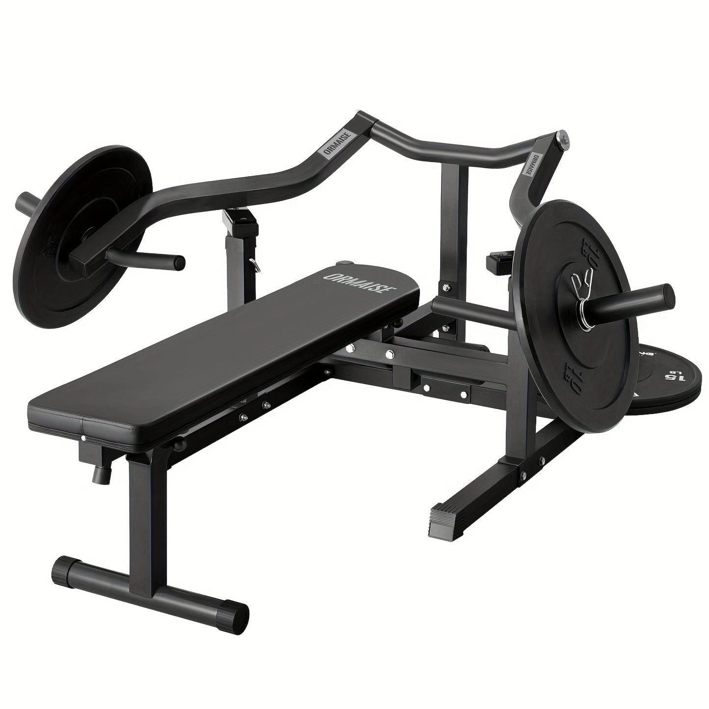 Black weight bench with weight plates on a white background