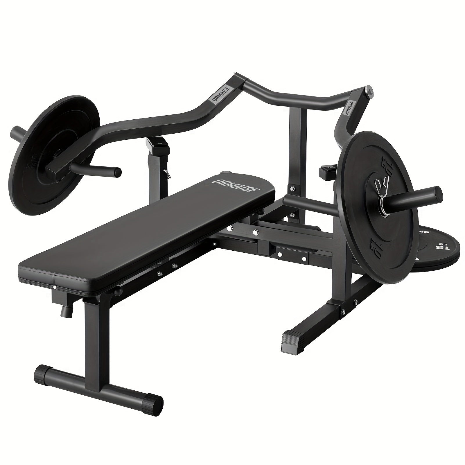 Black weight bench with weight plates on a white background