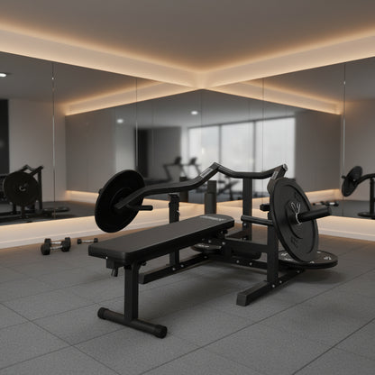 Black weight bench with weight plates on a white background