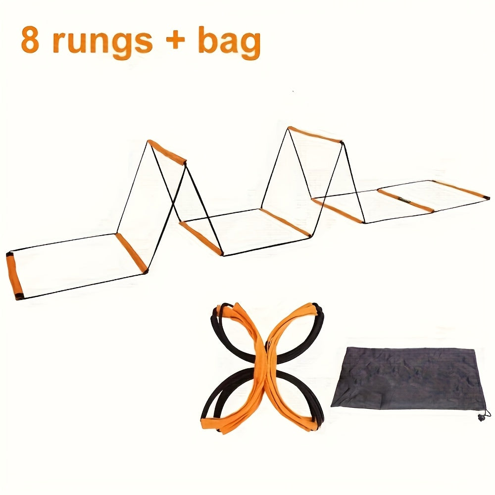 Fitness equipment set with 8 rungs, resistance bands, and a carrying bag on a white background.