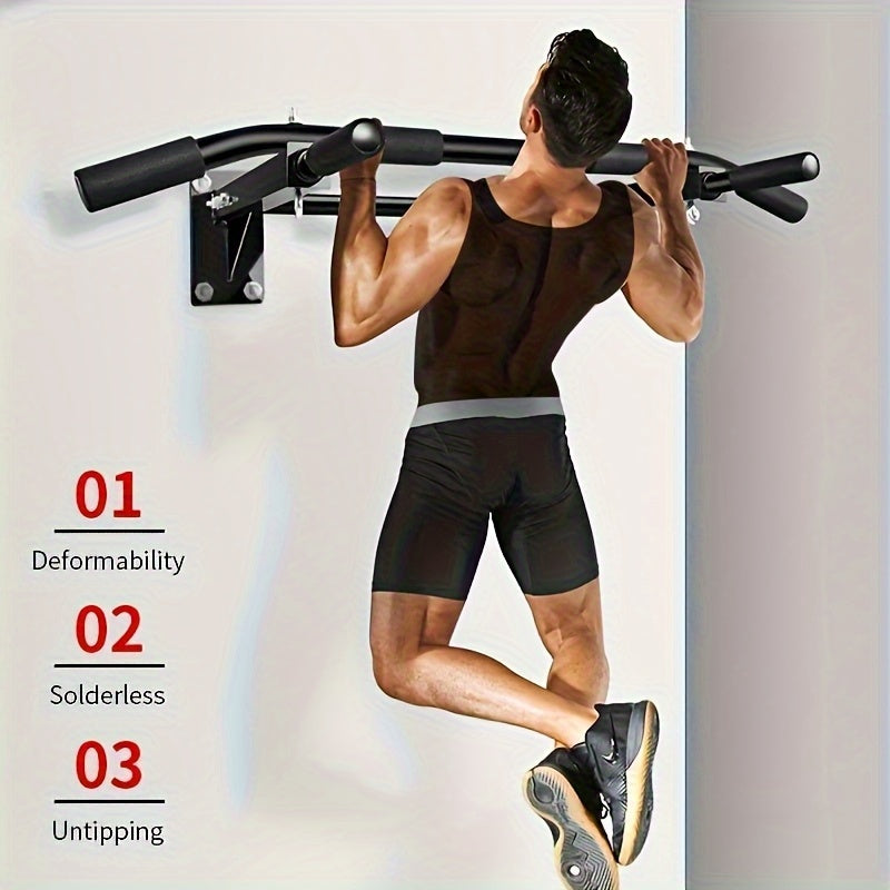 Person using a wall mount pull up bar with text highlighting features on a light gray background