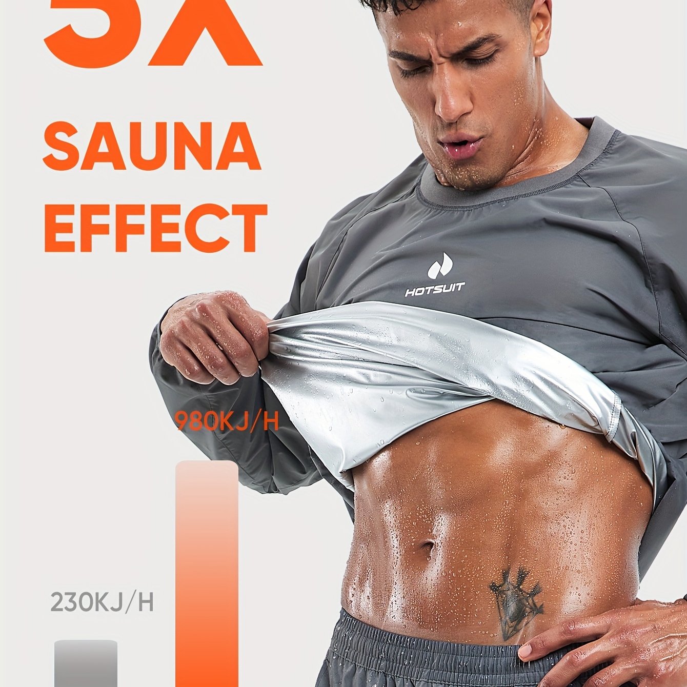 Man wearing a gray sauna sweat suit top with text about sauna effect and energy output.