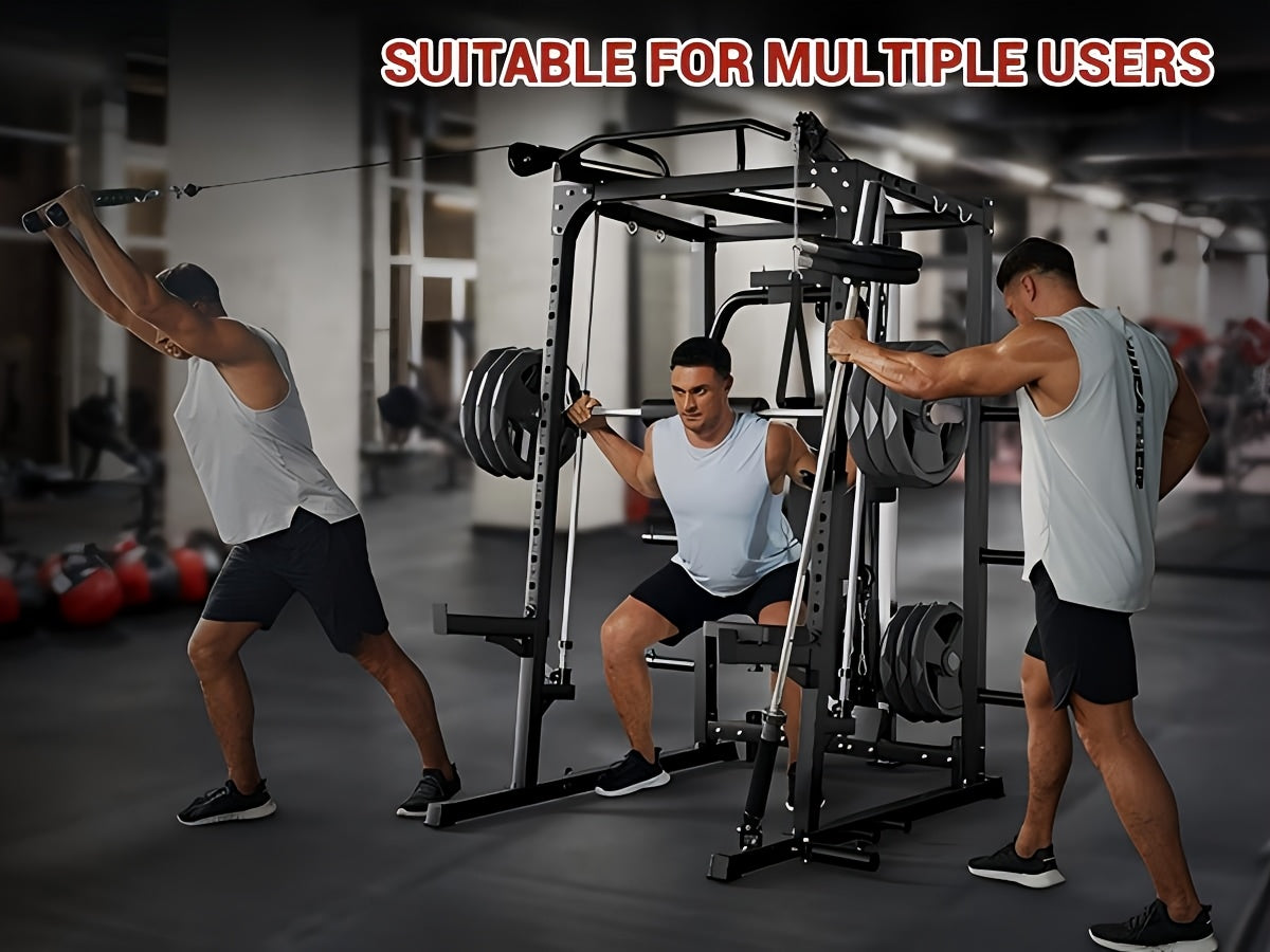 Three men using a smith machine in a gym setting.