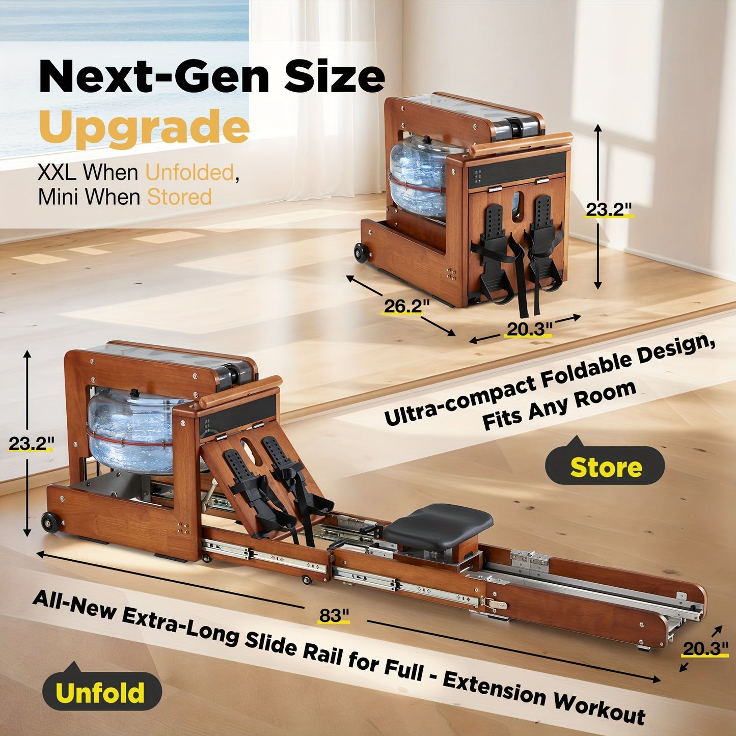A foldable rowing machine with measurements and features highlighted on a wooden floor.