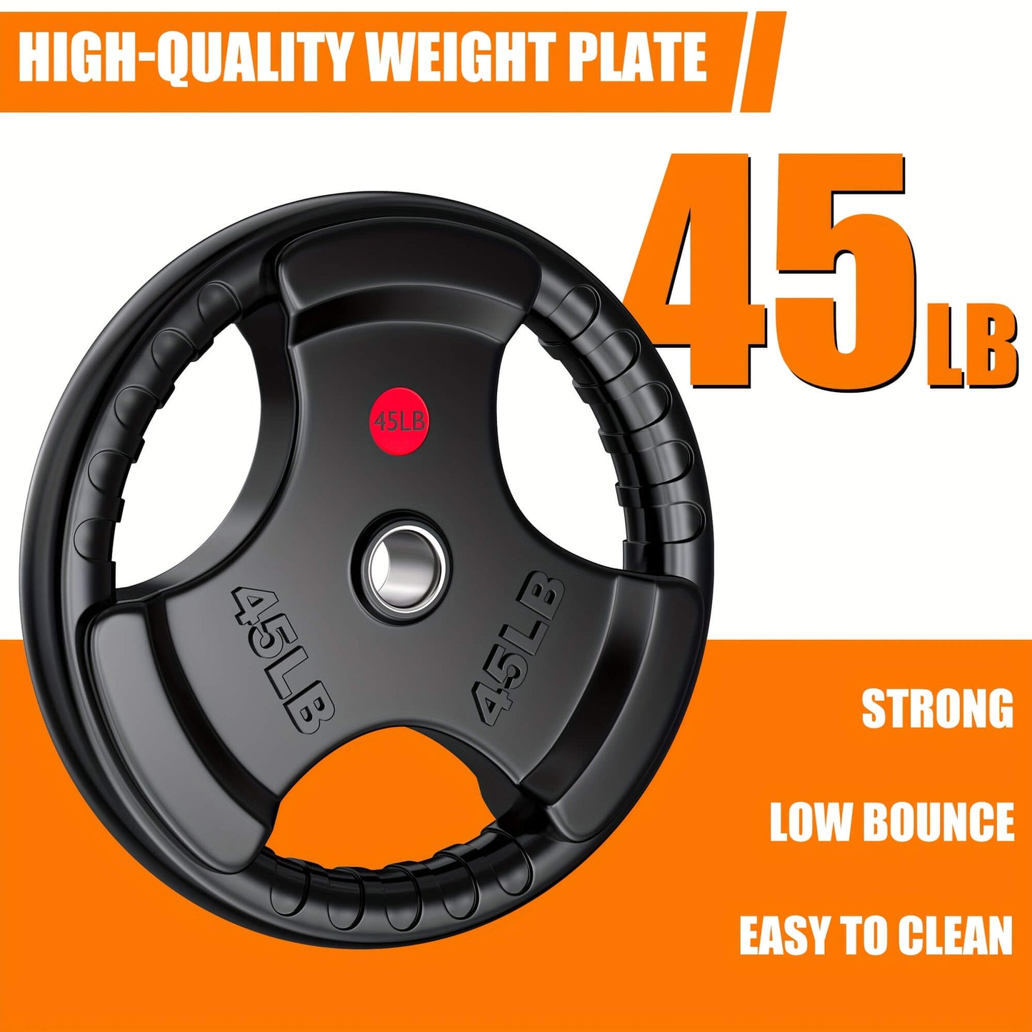 45-pound weight plate with text highlighting features on an orange and white background
