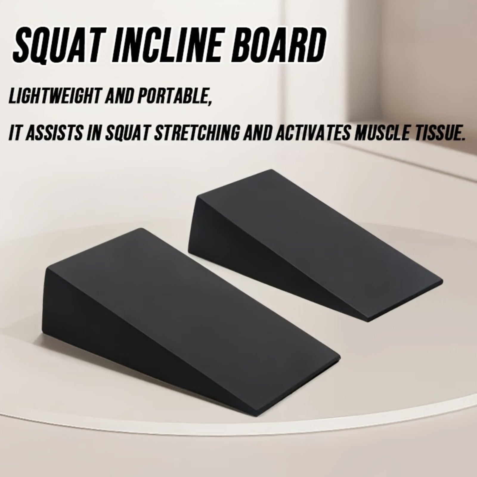 Two black squat incline boards on a white background with text about their features.