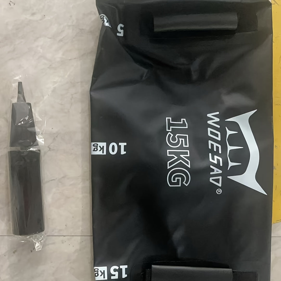Black water weight bag​ labeled '15KG' with a smaller black pump next to it on a gray surface.