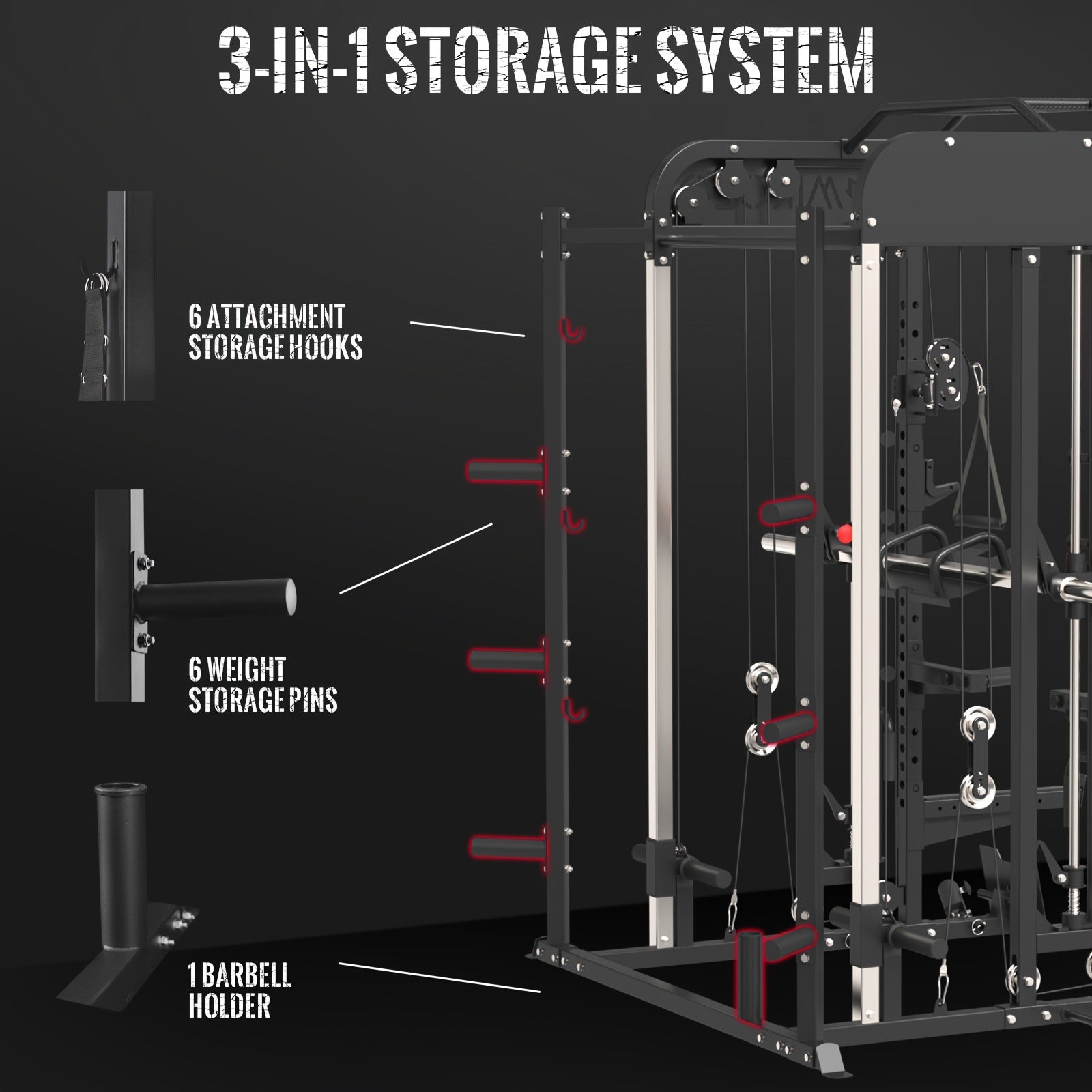 Home gym smith machine storage system with attachments on a black background