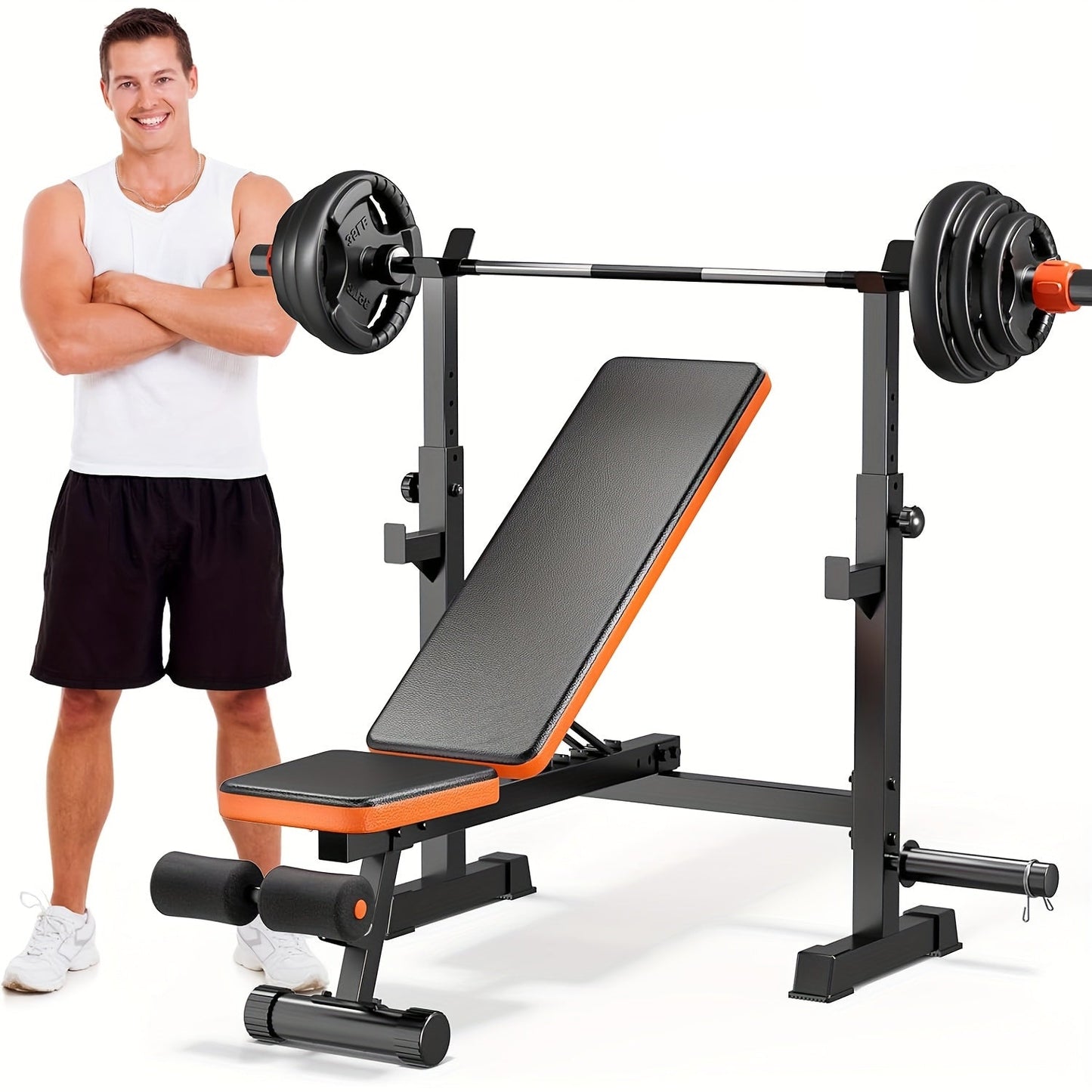 Man standing next to a weight bench and barbell set