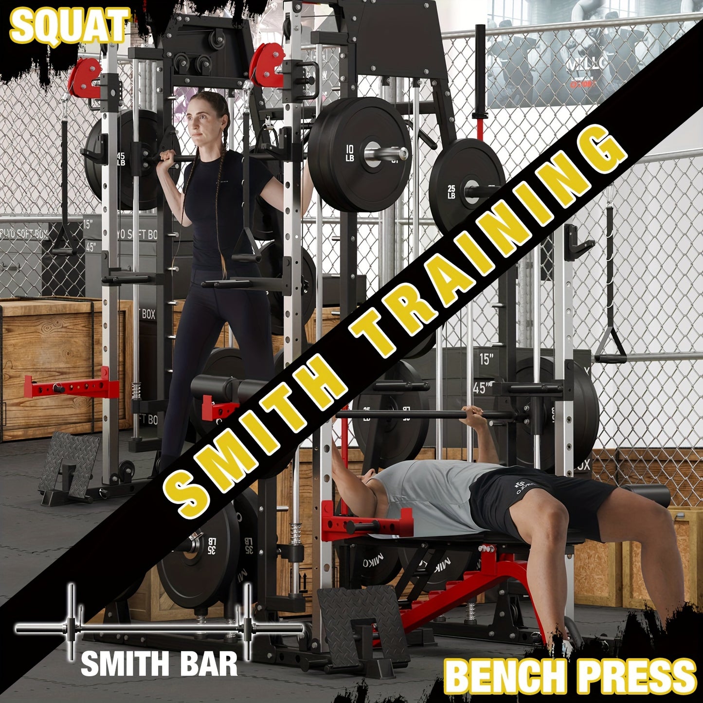 Gym setting with people using Smith machines to work out.