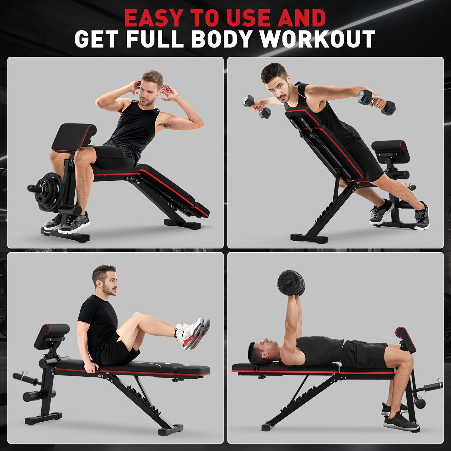 Man using a adjustable weight bench with various exercises on a gray background