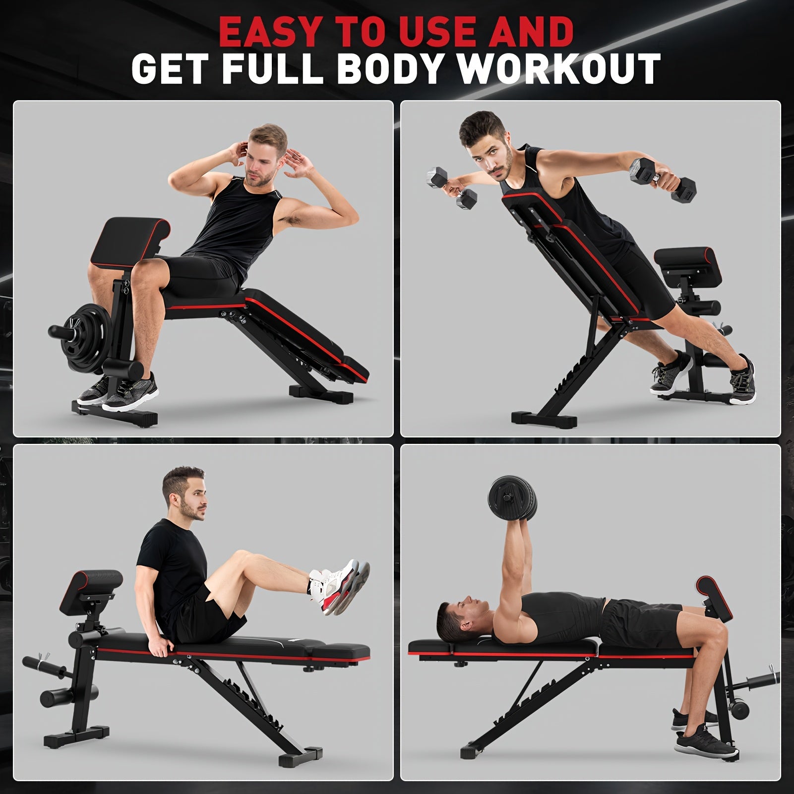 Man using a adjustable weight bench with various exercises on a gray background