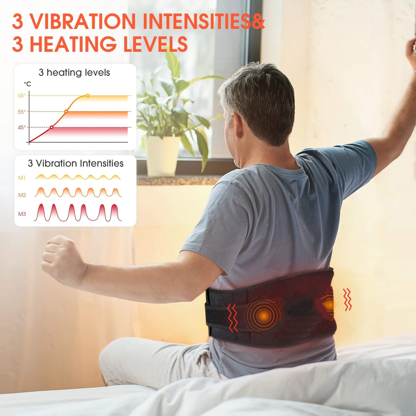 Person using a muscle stimulator machine with vibration intensity and heating level indicators.