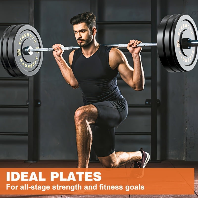 Man lifting weights with a barbell in a gym setting, featuring text about ideal plates for fitness goals.