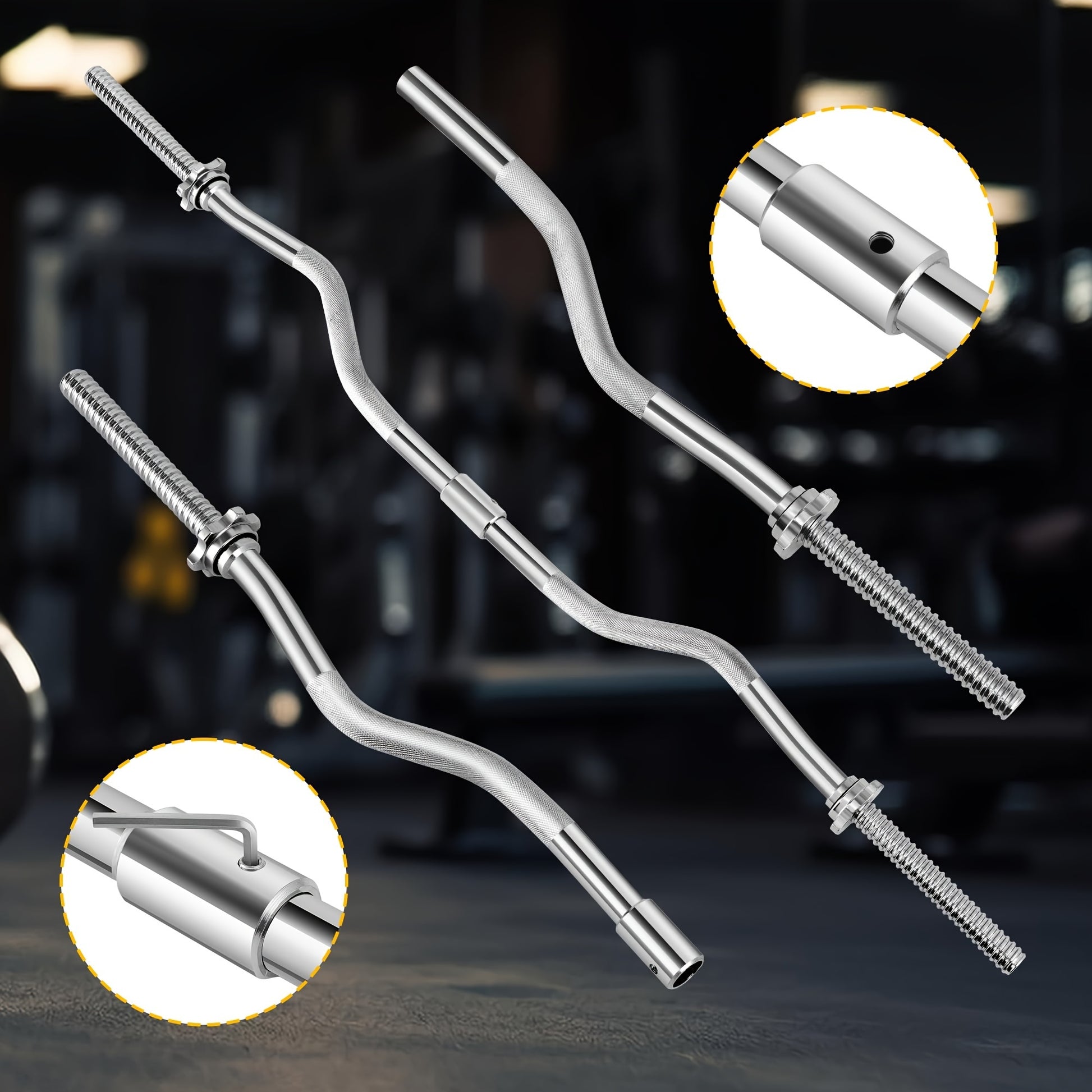 Two metallic barbells with curved handles on a dark background