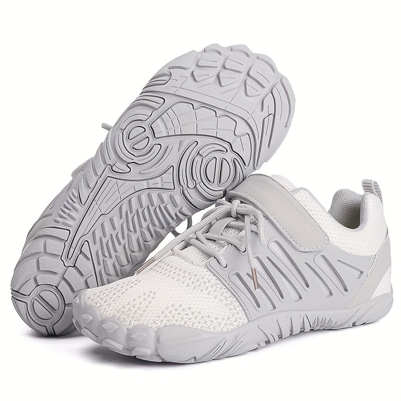 White and gray barefoot hiking shoes on a white background