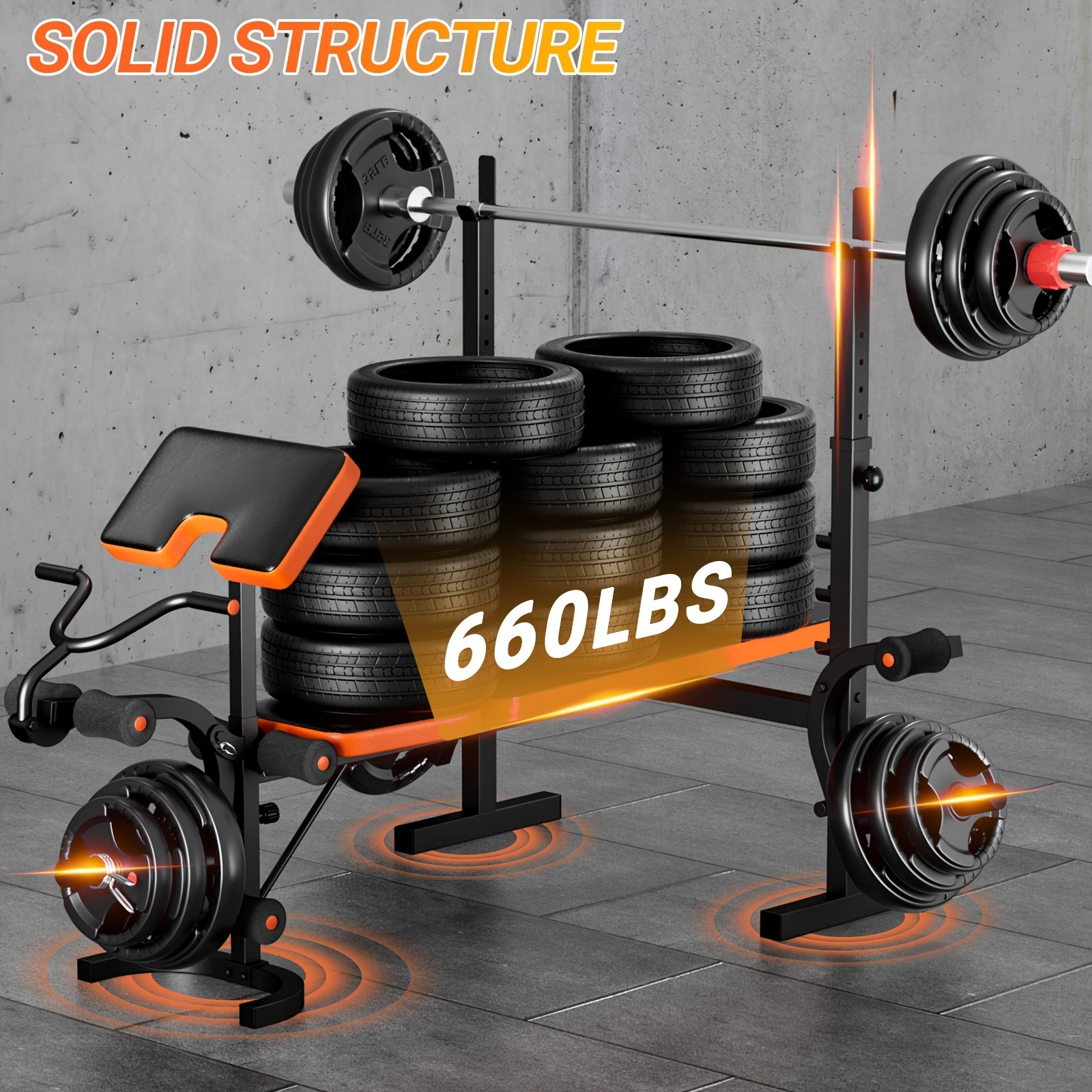 Adjustable weight bench with weights and a barbell on a concrete floor, emphasizing its solid structure.