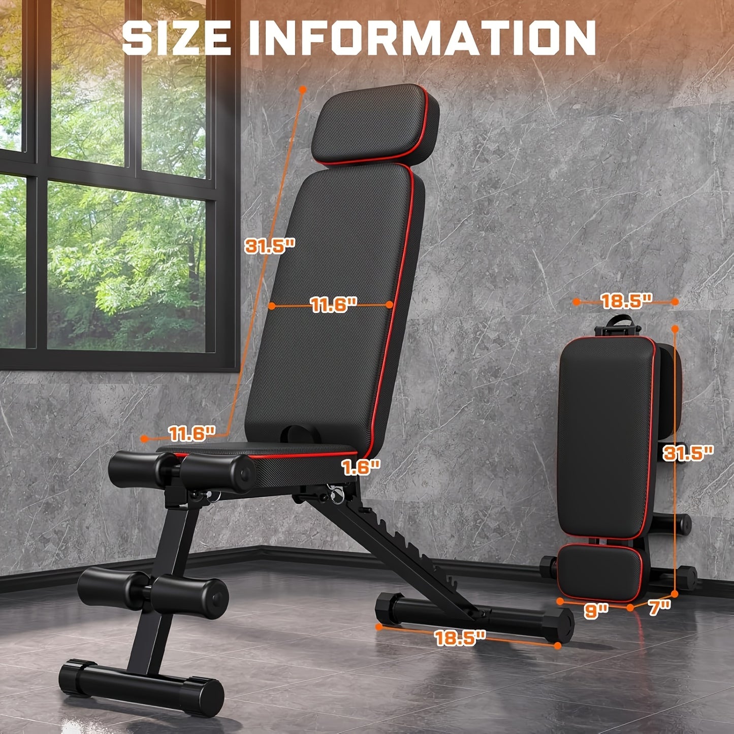 Black and red adjustable gym bench with size measurements on a gray floor.