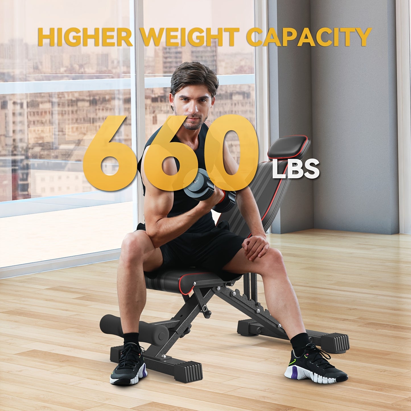 Man using a weight adjustable bench sold by 100 Spartans