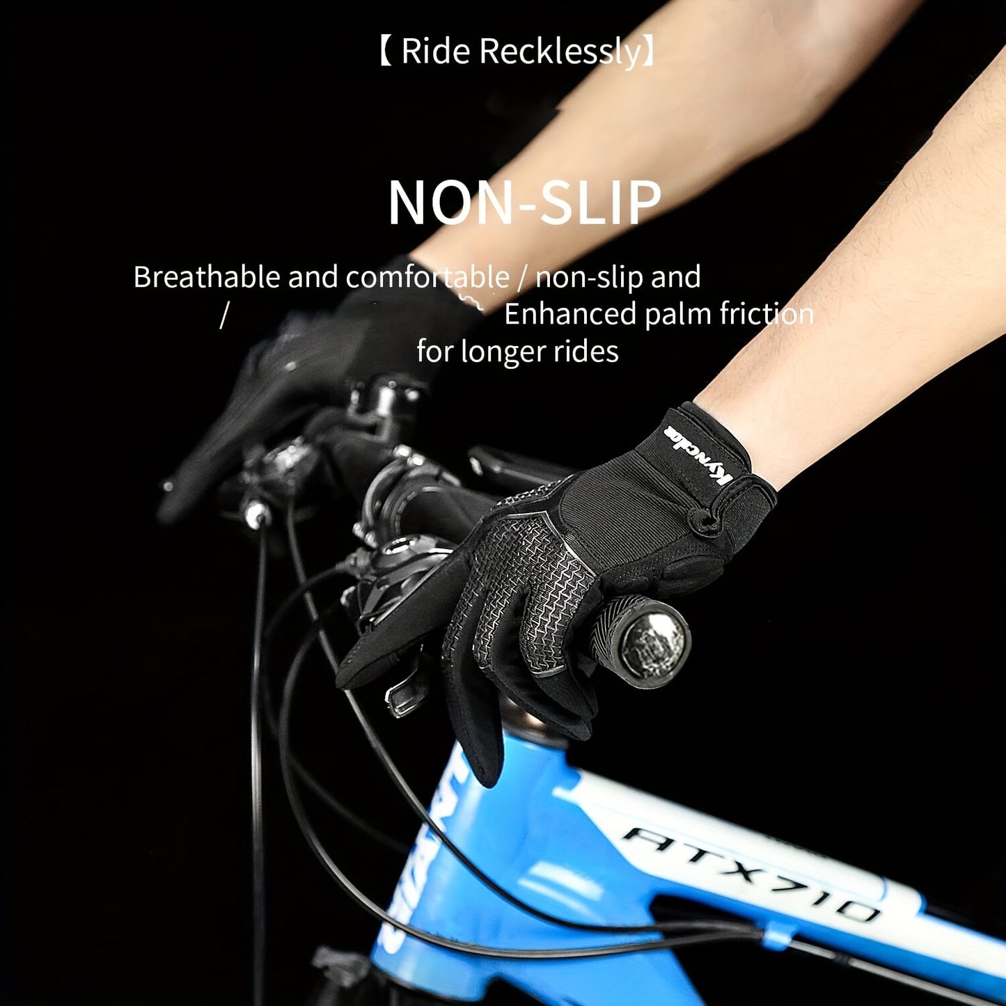 Bicycle handlebar with gloved hand and text about non-slip full finger workout gloves on a black background