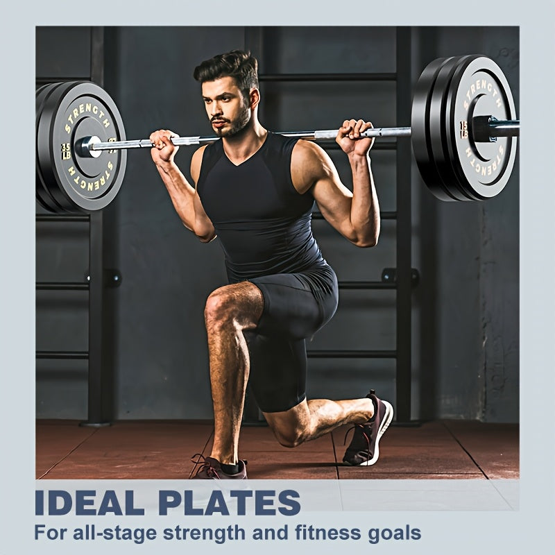 Man lifting a barbell with weights in a gym setting, promoting 'Ideal Plates' for strength training.