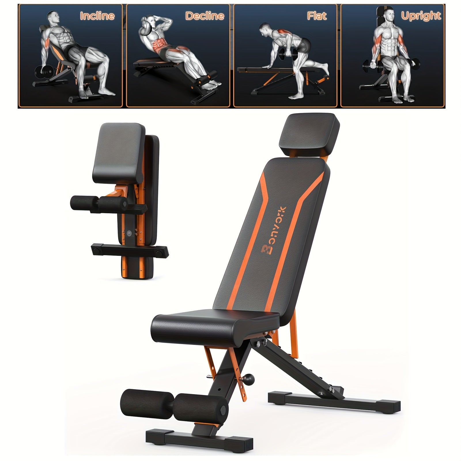 Adjustable weight bench with black and orange design on a white background, featuring various exercise illustrations above.
