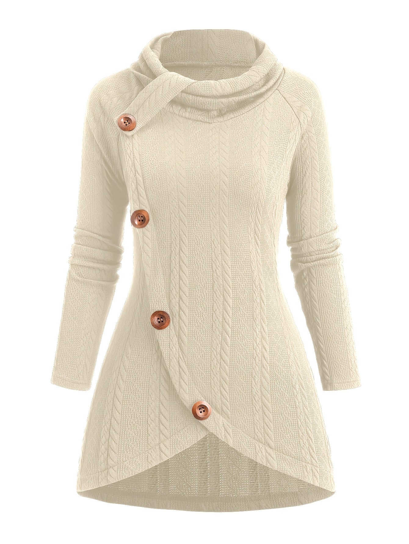 The front view of a beige women's cable knit cardigan sold by 100 spartans