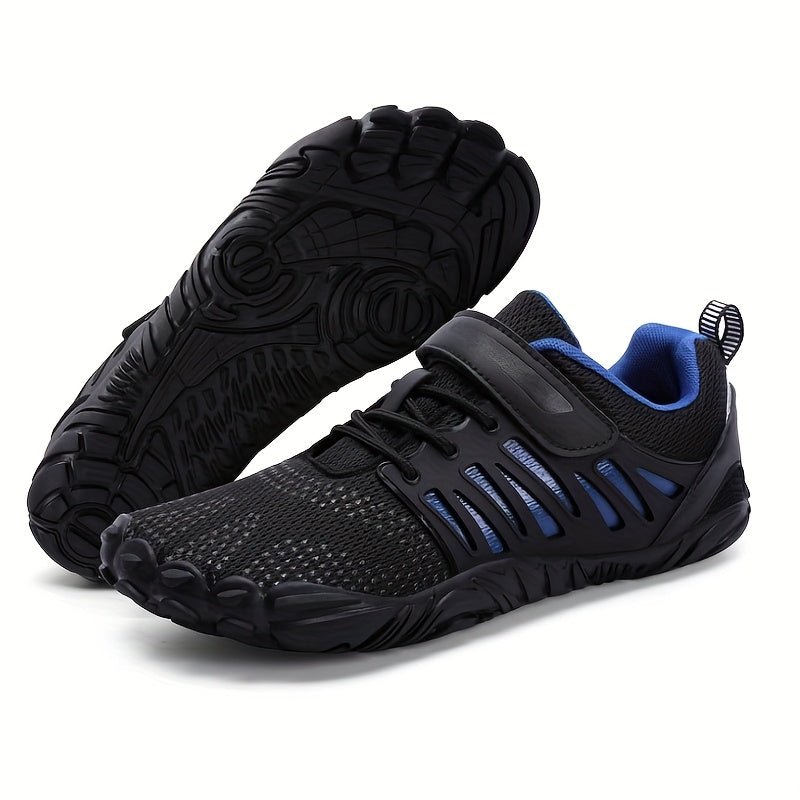 Black and blue barefoot hiking shoes on a white background