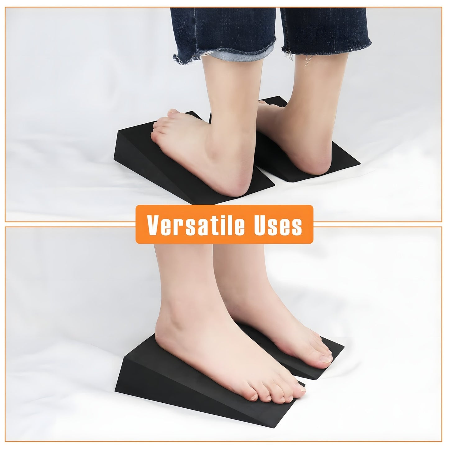 Black squat wedge used by a person on a white background with 'Versatile Uses' text.