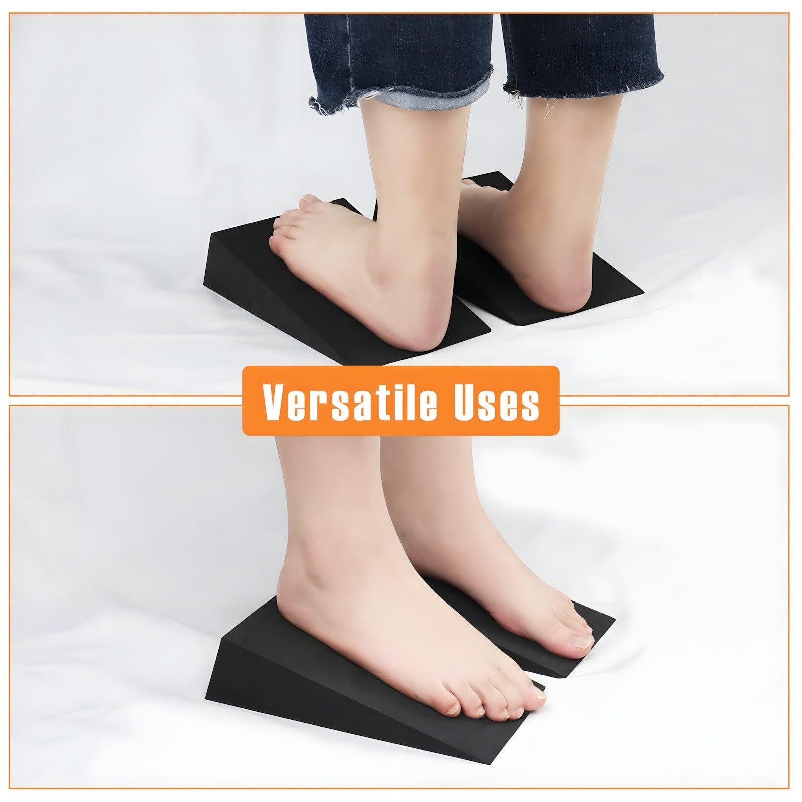 Black squat wedge used by a person on a white background with 'Versatile Uses' text.