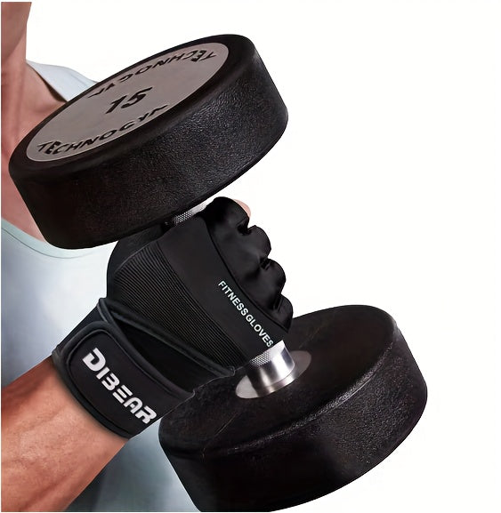 Person holding a black dumbbell with workout gloves on a white background