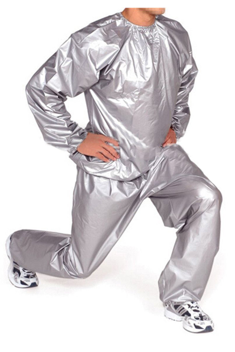 Person wearing a silver sauna suit on a white background
