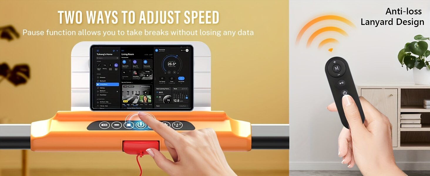 Product with digital display and remote control, featuring text about speed adjustment and anti-loss lanyard design.