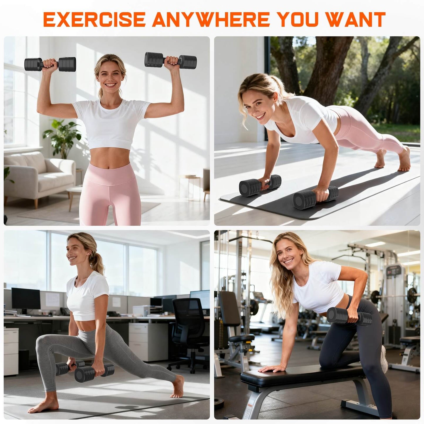 A woman working out with a pair of A core home fitness adjustable dumbbell set sold by 100 Spartans