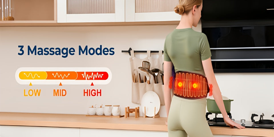 Woman using a muscle stimulator machine in a kitchen with '3 Massage Modes' displayed.