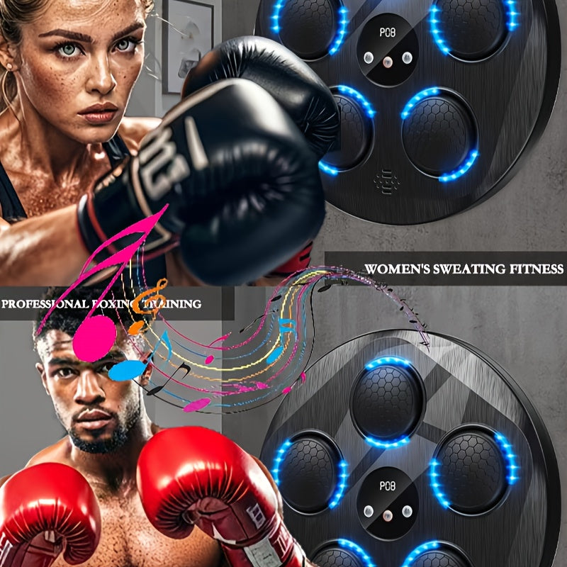 Two people wearing boxing gloves with text about professional boxing training and women's sweating fitness, with boxing music machine in the background