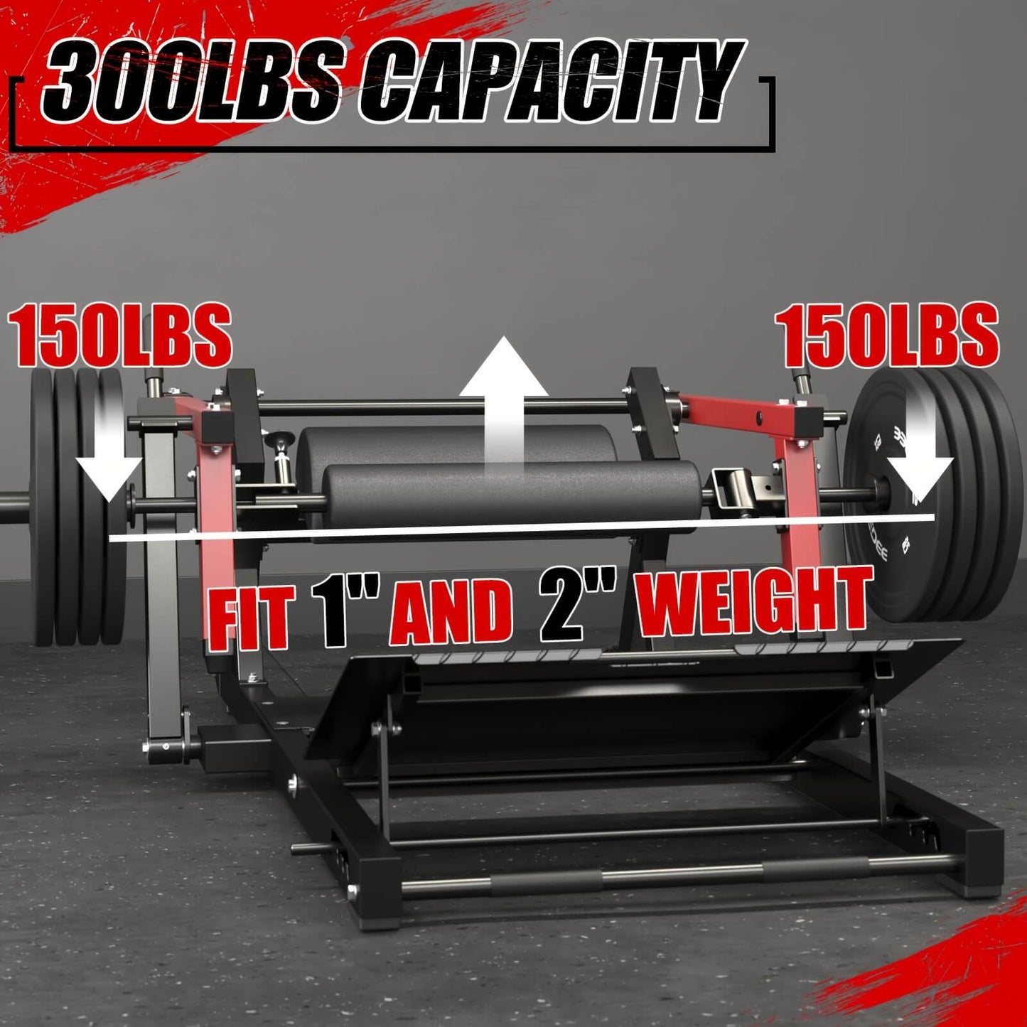 A glute bridge machine with 300lbs capacity and 150lbs weight plates on a dark background.