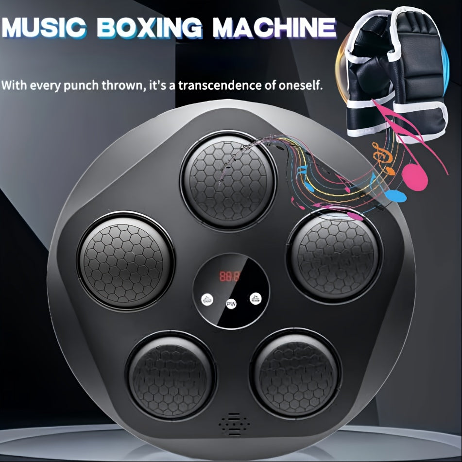 Music boxing machine with punching bags and text on a dark background
