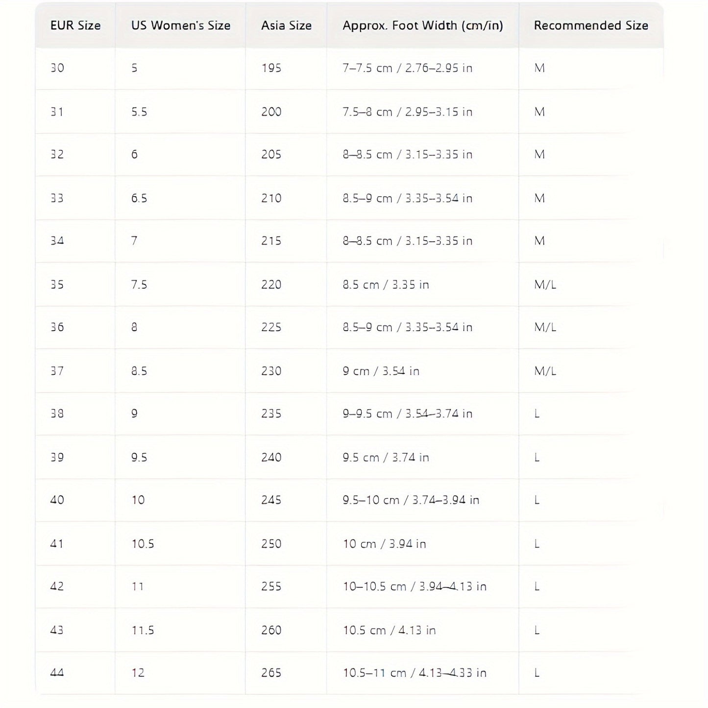Table showing size conversion chart for squat wedge with EUR, US Women's, Asia, foot width, and recommended size columns.
