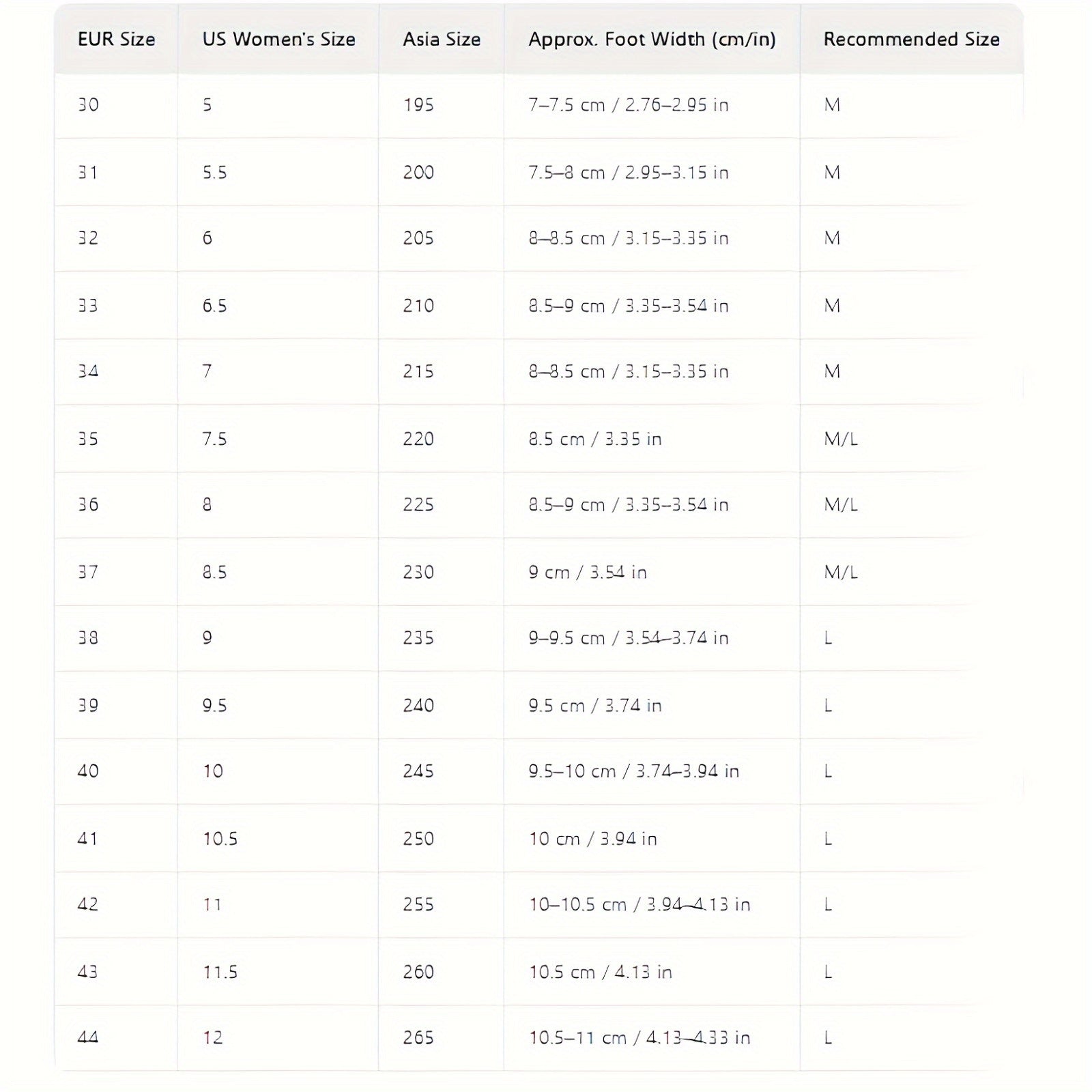 Table showing size conversion chart for squat wedge with EUR, US Women's, Asia, foot width, and recommended size columns.