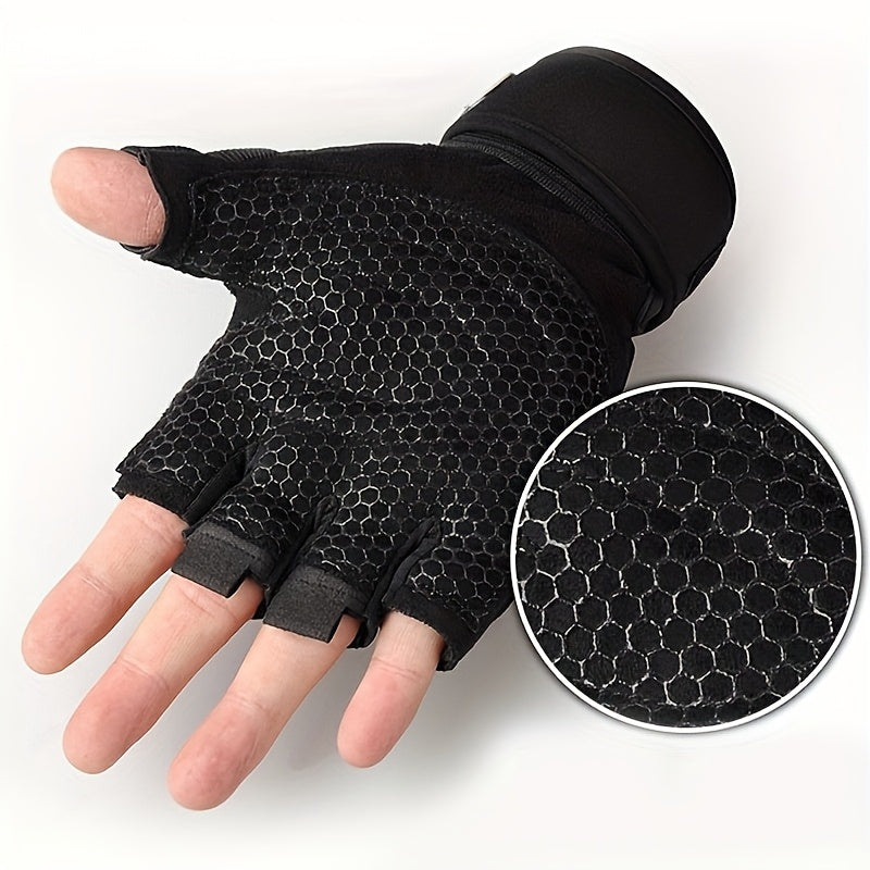 Black padded workout gloves with honeycomb pattern on a white background
