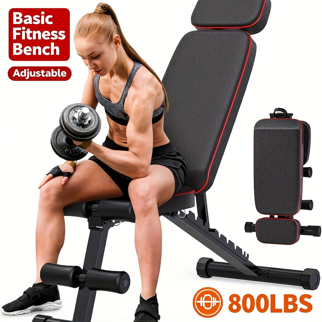 Woman using a basic fitness bench with adjustable backrest, holding a dumbbell.