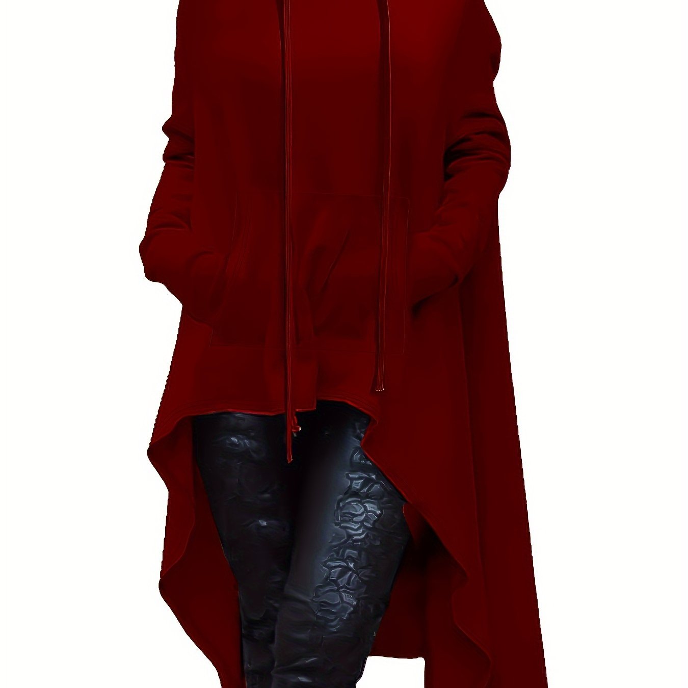 A woman wearing a red women’s oversized hoodie sold by 100 Spartans