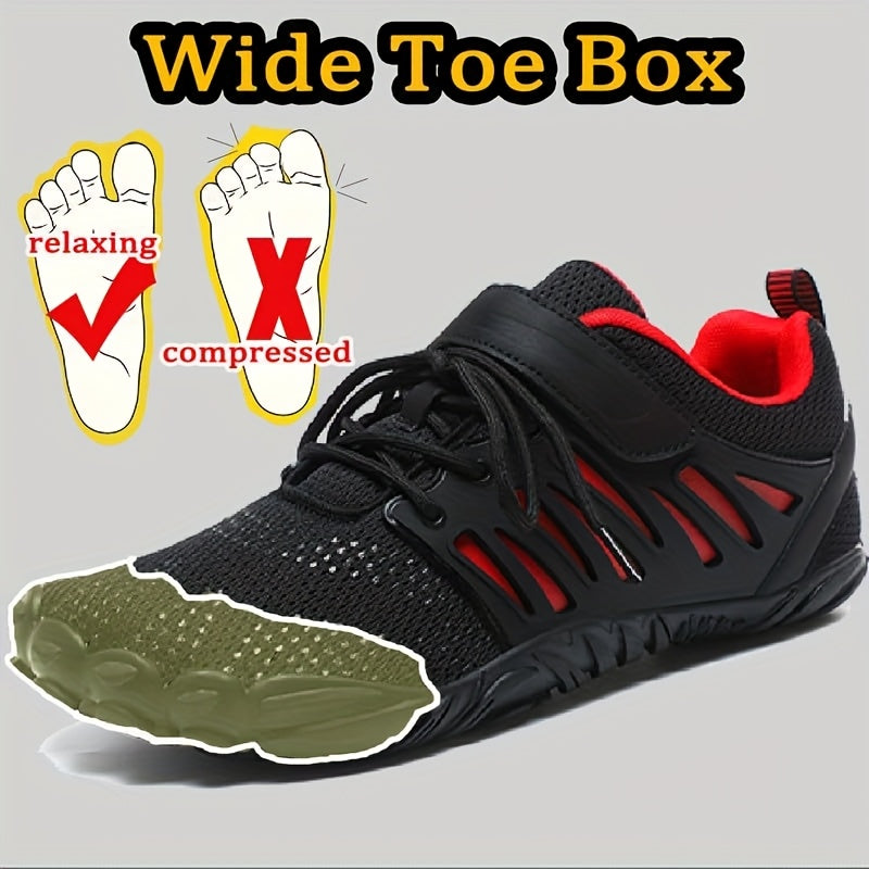 Black and red barefoot hiking shoes with wide toe box illustration on a gray background